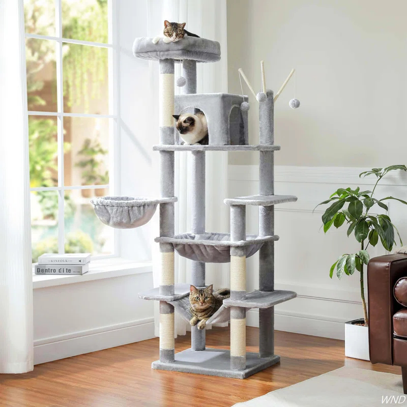 69" Tall Cat Tree Large Cat Tower With Super Big Hammock, Scratching Posts, Condo House And Large Top Perch
