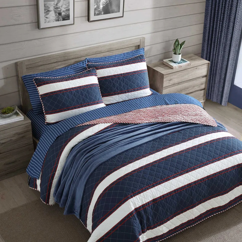Nautica Nautica Wesley Blue Cotton Reversible Quilt Set