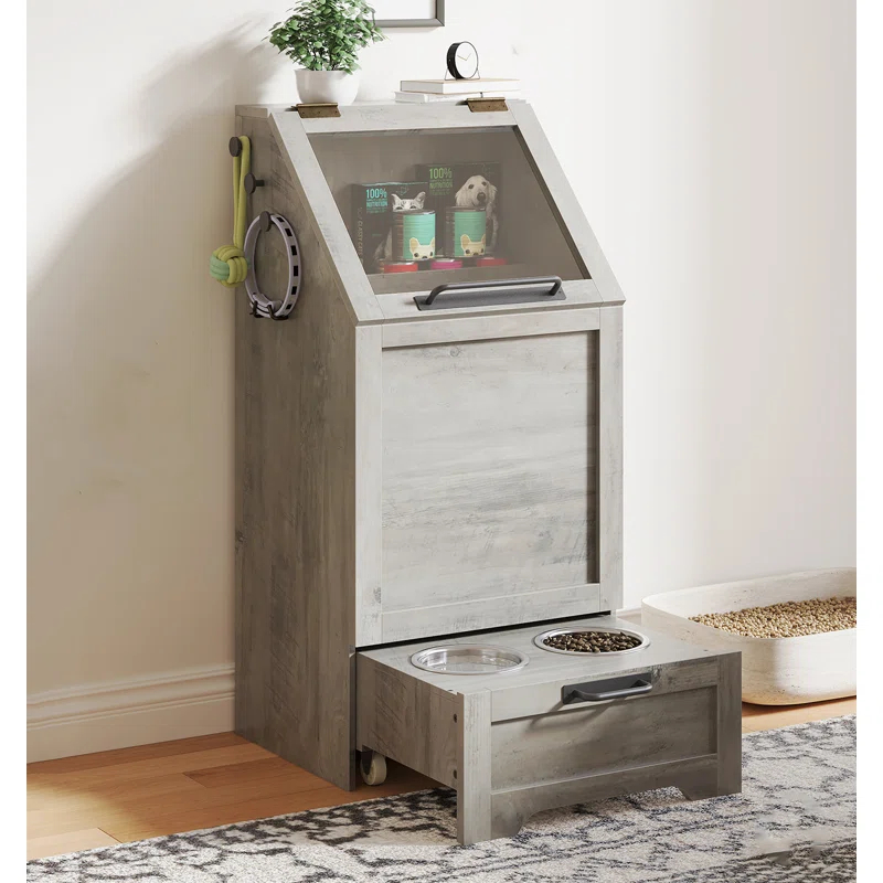 gaomon Dog Feeding Station with Storage Cabinet, 2 Elevated Dog Bowls, Filp Top Dog Food Storage Cabinet Container