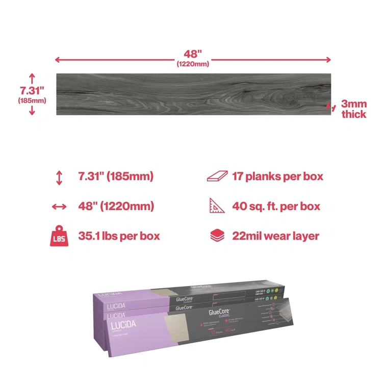 Lucida USA GlueCore Classic 22mil x 7.3" W x 48" L Glue Down Vinyl Tile Flooring