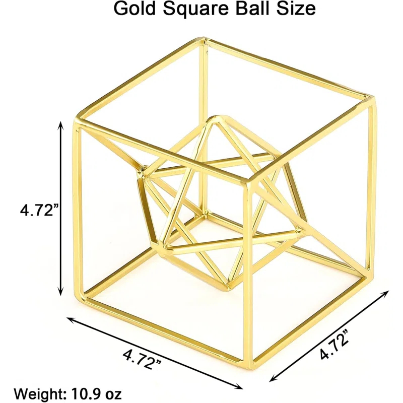 2024 Gold Metal Geometric Orb Sculpture - 4.72" Modern Square Abstract Decor for Home & Office