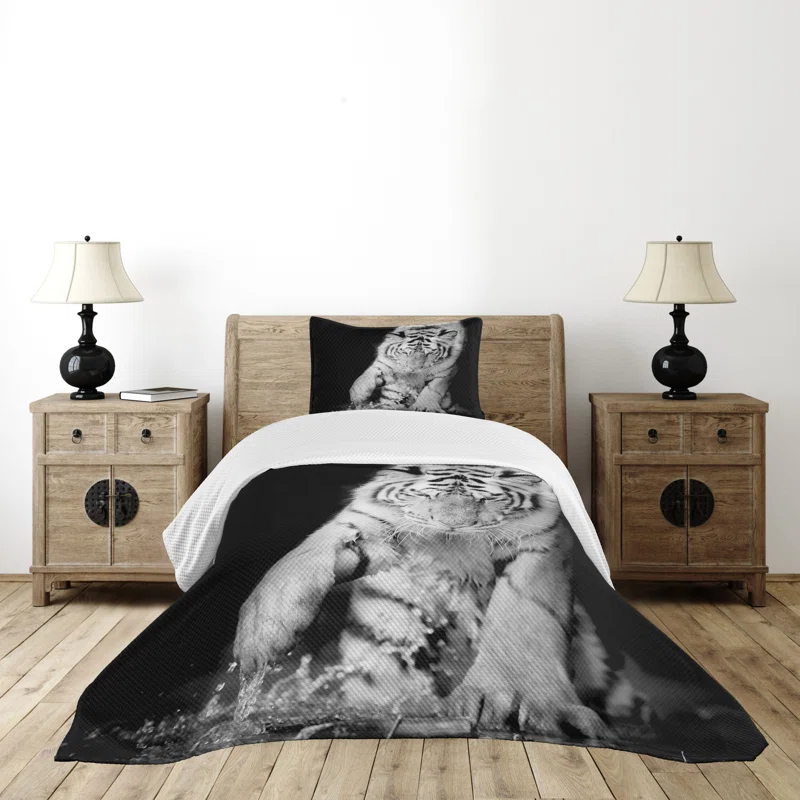 Ambesonne Ambesonne Tiger Bedspread Set Large Cat Plays in Water Black Pale Grey