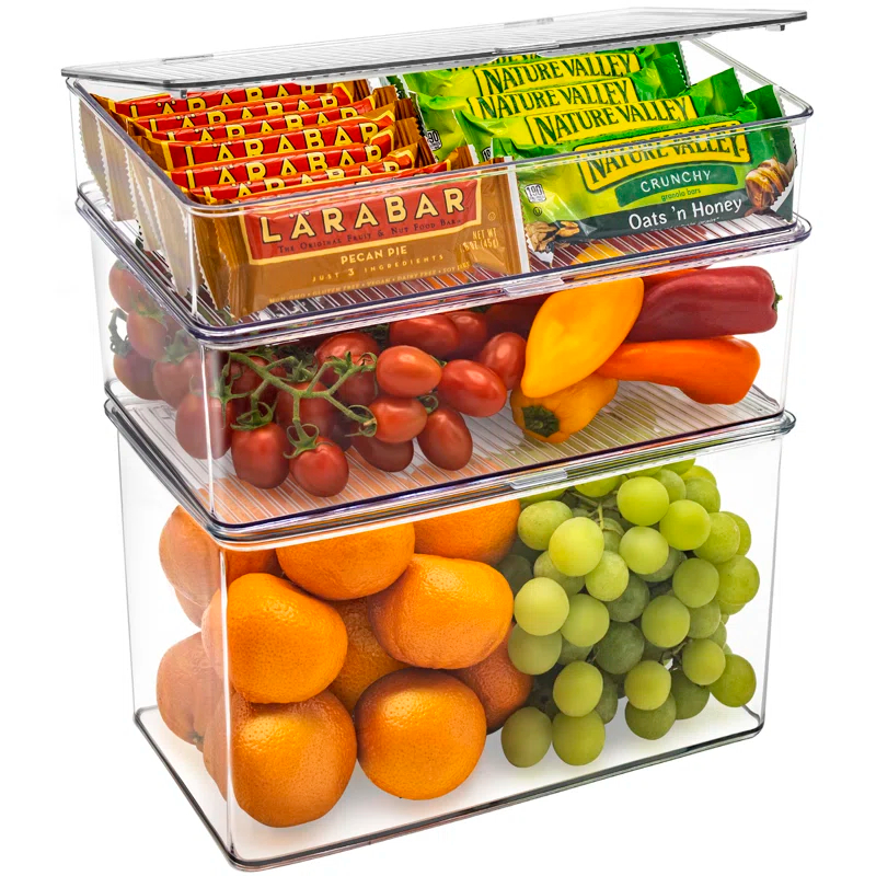 Sorbus Variety Clear Storage Bins For Pantry & Fridge With Hinged Lids, 3 Piece