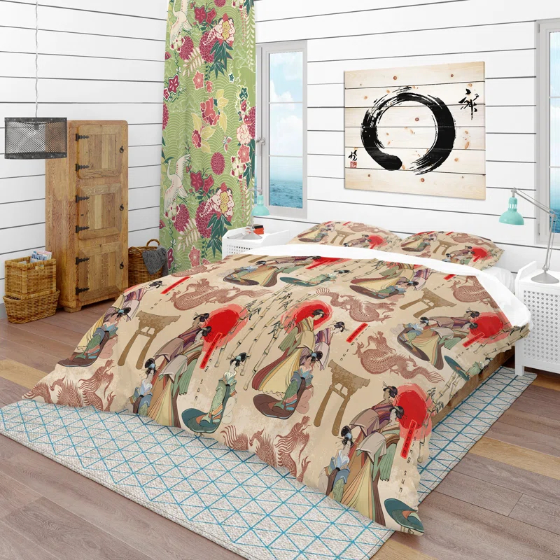 Japanese Geishas & Dragons - Oriental Nature Duvet Cover Set - Microfiber Polyester