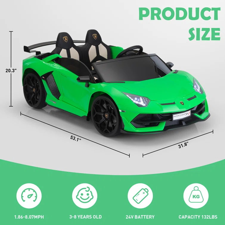 Tobbi 24V Lamborghini 2-seater Battery Powered Ride on with High/Low speed switch, Slow start function, Battery level display, MP3, USB, Light Drift Car for Kids 3-8