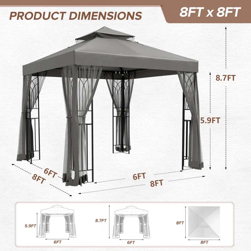 COOS BAY 8 Ft. W x 8 Ft. D Steel Frame Vented Soft Top Patio Gazebo with Mesh Netting, Corner Shelves