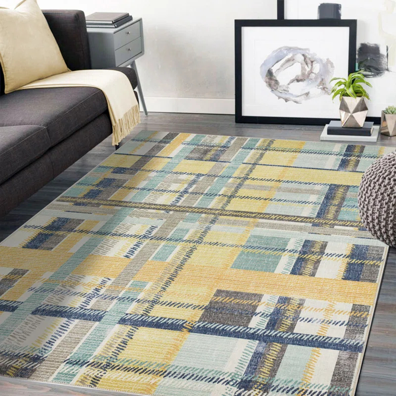 NELE Machine Washable Modern Lattice Area Rug Yellow/Blue Multi