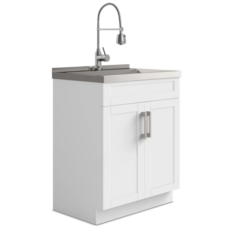 Simpli Home AXCLDYHEN28-SS Hennessy  All-in-One 28-inch Utility Sink & Cabinet in Pure White