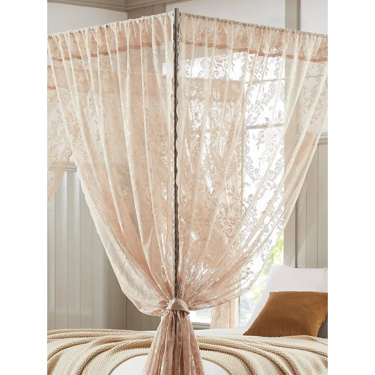 WARM HOME DESIGNS 8 Piece Lace Canopy Bed Curtains Set With Tie-Backs for Queen or King Bed (Set of 8)