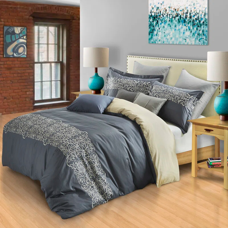 Superior Harrison Cotton Greek Key Embroidered 3 Piece Duvet Cover Set by Superior