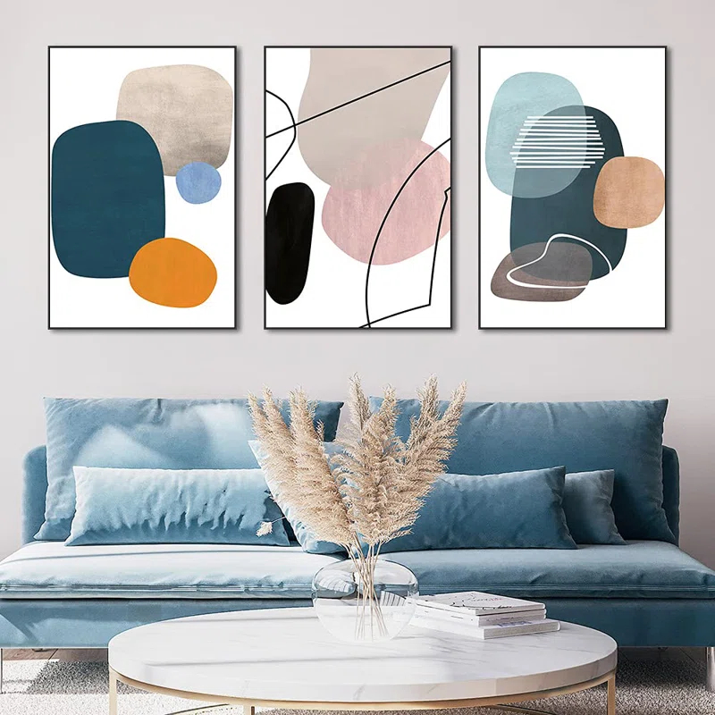 Ivy Bronx Wall Art 3 Pieces Of Framed Decorative Paintings Abstract Simple Orange White Blue And Other Color Blocks Wall Art Canvas Prints Home Decoration