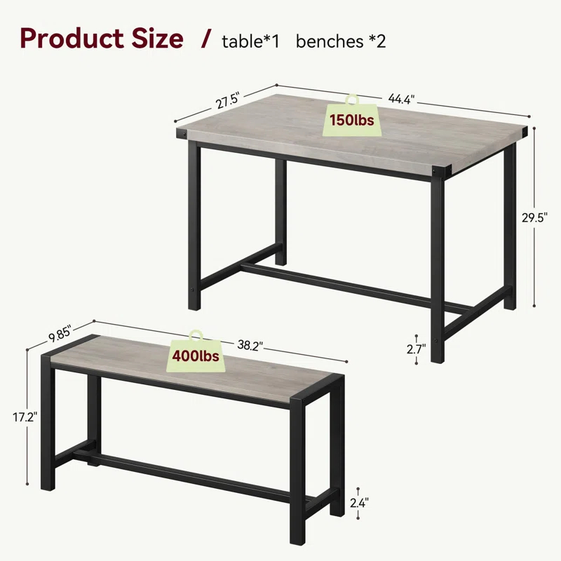 Dining Table Set For 4, Kitchen Table With 2 Metal Wood Benches