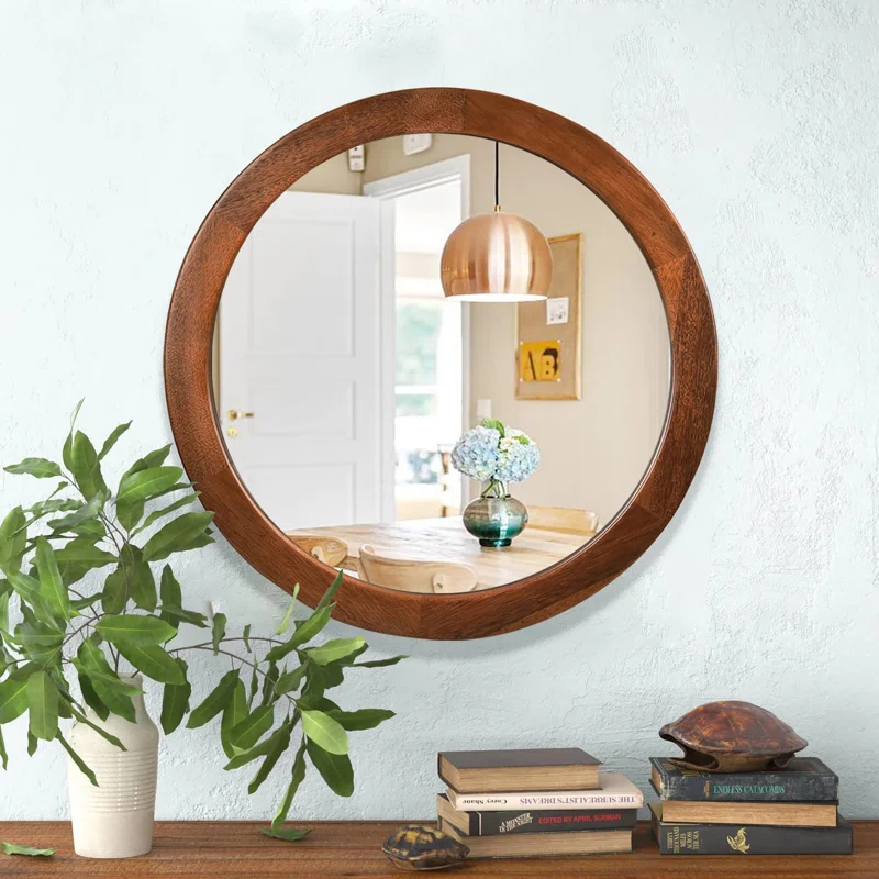 Latitude Run® Round Mirrors 30 Inch,Wood Vanity Wall Rustic Mirror With Walnut Frame, Wooden Mirror For Bathroom Bedroom Living Room Or Entryway(Walnut Brown)