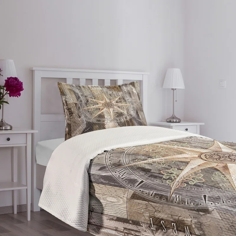 Ambesonne Ambesonne Marine Life Bedspread Set Compass Navy Ocean Brown