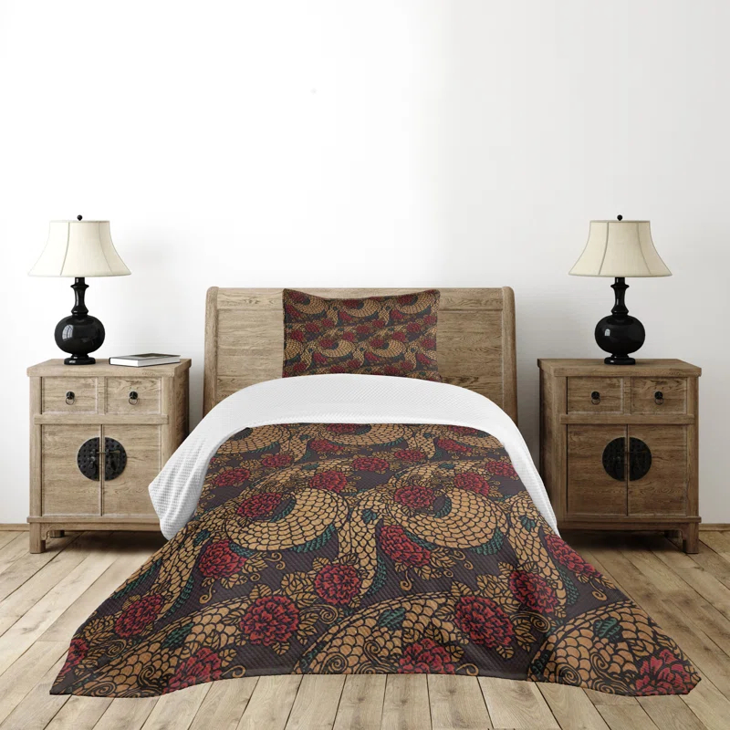 Ambesonne Ambesonne East Bedspread Set Traditional Roses Dragon Jade Green Sand Brown