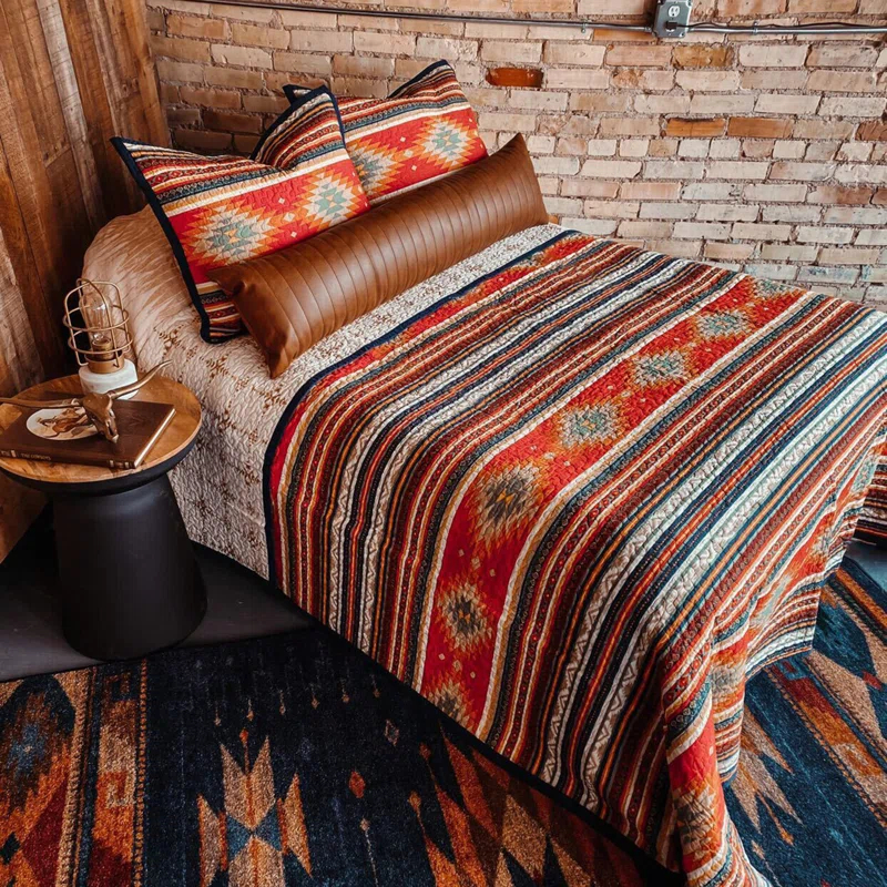Paseo Road by HiEnd Accents Del Sol Red/Orange/Tan Aztec Print Cotton Southwestern Style Reversible Quilt Set