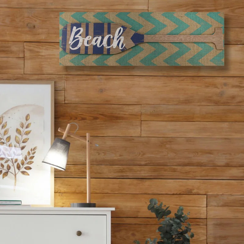 Northlight Seasonal Aqua Blue Chevron Burlap with “Beach" Wood Look Oar Linen Wall Art 24"