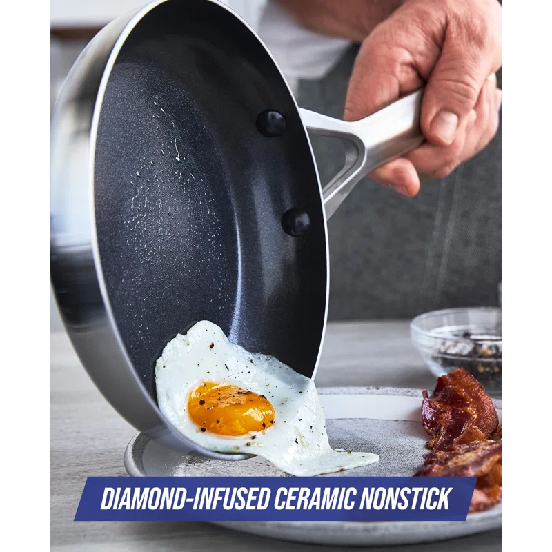 Blue Diamond Blue Diamond Cookware Tri-Ply Stainless Steel Ceramic Nonstick, 9.5" Frying Pan Skillet, PFAS-Free, Multi Clad, Induction, Dishwasher Safe, Oven Safe, Silver