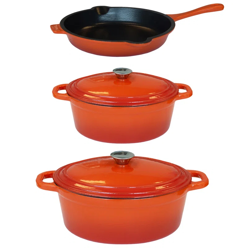 BergHOFF BergHOFF Neo 5Pc Cast Iron Set: 5Qt and 8Qt Covered Dutch Ovens and 10" Fry Pan