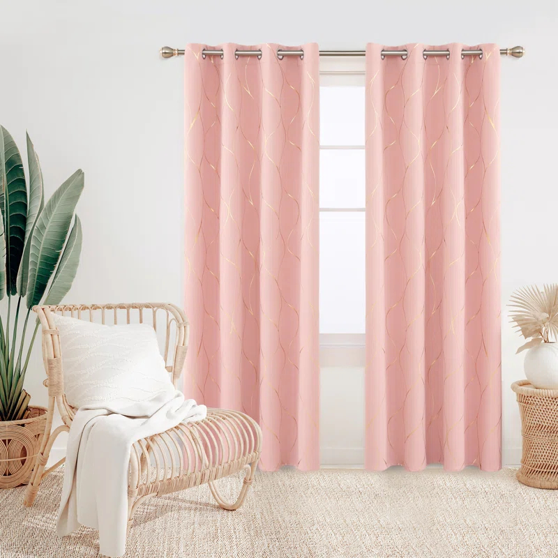 Everly Quinn Boulus Gold Foil Print Blackout Thermal Insulated Grommet Curtains Set Of 2