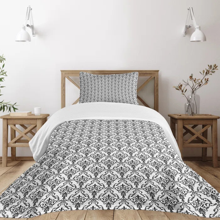 Ambesonne Ambesonne Damask Bedspread Set 2 Pcs Ornate Style Foliage Twin Black White