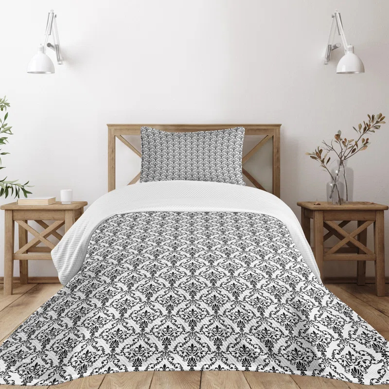 Ambesonne Ambesonne Damask Bedspread Set 2 Pcs Ornate Style Foliage Twin Black White
