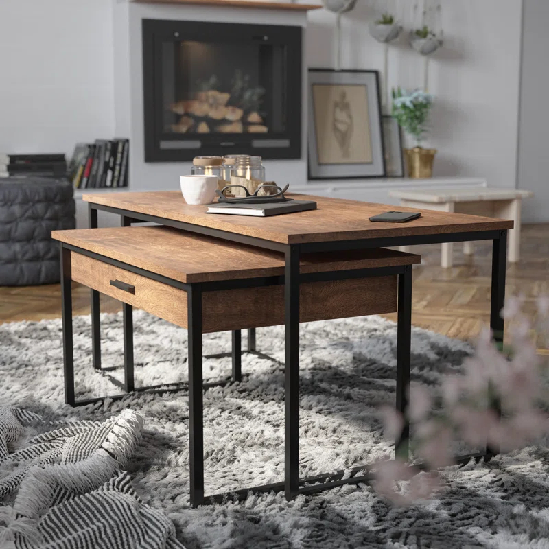 Flash Furniture 2 Piece Modern Nesting Coffee Table Set with Storage Drawer and Sled Base Metal Frames