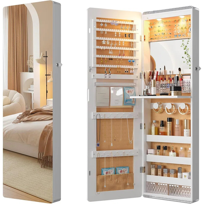 Hokku Designs LED Mirror Jewelry Cabinet,47.2" Wall Mounted Jewelry Organizer with Full-Length Mirror,Over The Door Hanging Jewelry Armoire Storage Cabinet,Folding Dresser,2 Drawers,Lockable, 3 Shelves(White)