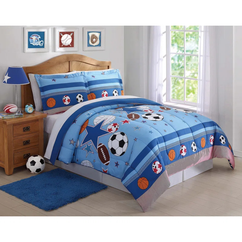 My World Sports and Stars Comforter Set – Kids Bedding with Baseball, Football, Soccer & Volleyball Design