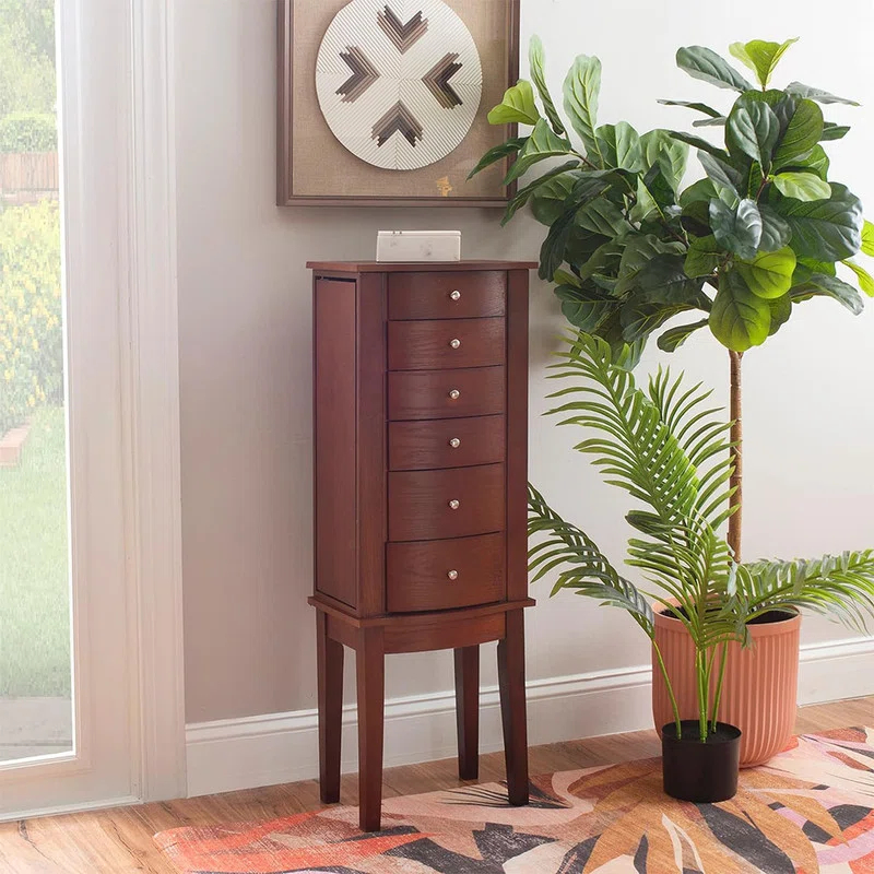 DEBLIT Contemporary Jewelry Armoire with 6 Drawers, Engineered Wood Finish, Merlot