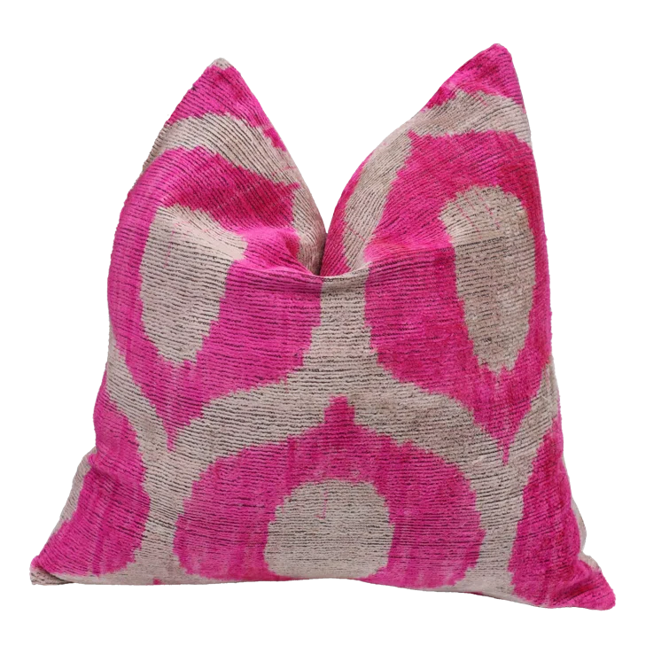 Vibrant Pink and Beige Velvet Geometric Trellis Throw Pillow