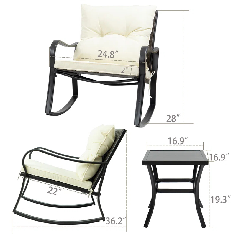 Mercury Row® Preciado 3 Piece Outdoor Patio Set With Cushions-Rocking Chair for Balcony, Lawn and Porch