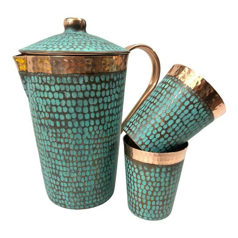 Ambiente Ambiente Mexican Copper Crafts 3 - Piece Pitcher Set - Pure Copper Tumbler - Copper Cups for Drinking.