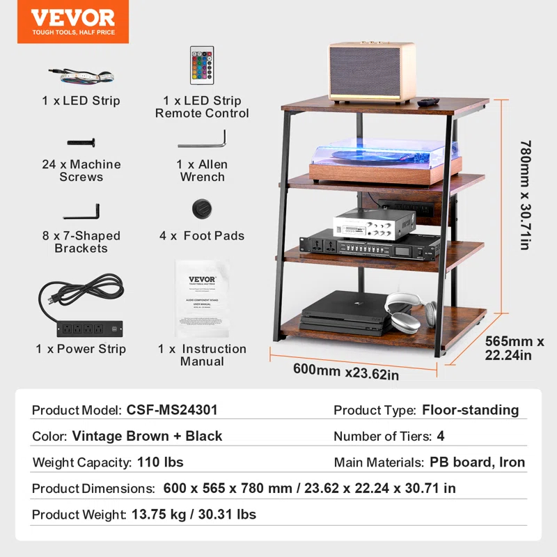 VEVOR 4-Tier AV Media Stand with Power Strips, Corner TV Stand with LED Lights, Height Adjustable Wooden Shelves