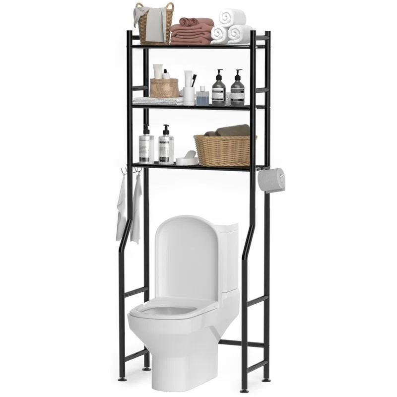 3-Tier Over The Toilet Storage, Space Saver Metal Bathroom Shelves, Freestanding Above Over Toilet Storage Shelf With 4 Hooks For Bathroom, Black