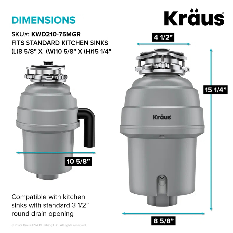 Kraus KRAUS Wasteguard High-Speed 3/4 HP Continuous Feed Ultra-Quiet Motor Garbage Disposal With Power Cord And Flange Included And Universal Mount, KWD210-75MGR