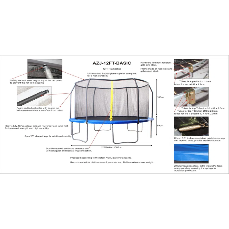 AirZone Play Backyard Jump 12' Round Trampoline with Safety Enclosure