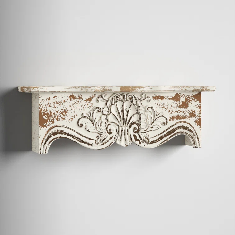 Kelly Clarkson Home Elicia White Wood Scroll Distressed 1 Shelf Room Wall Shelf