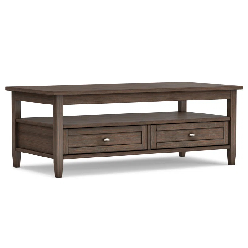 Simpli Home Warm Shaker 48"W Solid Wood Coffee Table with Two Storage Drawers and Open Shelf