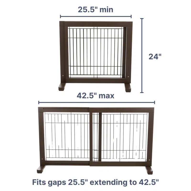 TRIXIE Adjustable Wooden Freestanding Pet Gate, 24" Tall Step Over, Expands to 42.5", Pet Barrier