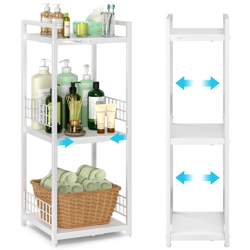 Expandable Slim Storage Shelf, 3 Tier Metal Shelving Unit For Bathroom Storage Organizer, Free-Standing Narrow Shelf, Open Floor Shelves For Small Spaces,Laundry,Bathroom,Kitchen, White