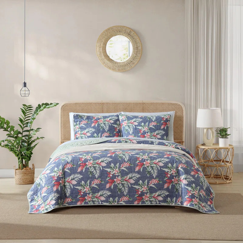 Eddie Bauer Tommy Bahama Floral Enchantment Cotton Reversible Blue Quilt Set