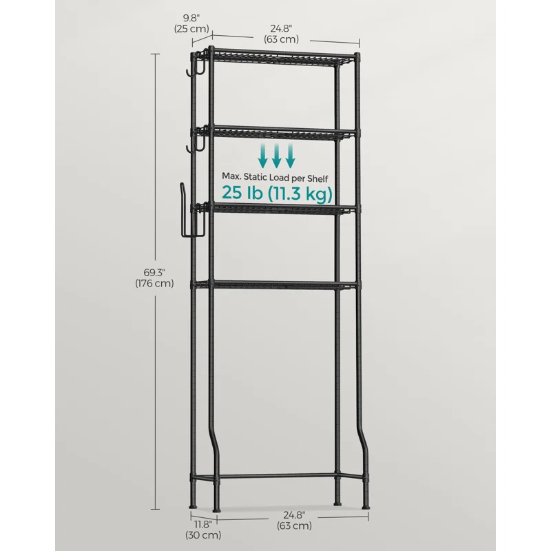 SONGMICS 4 Tier Over The Toilet Storage, Metal Storage Rack, Adjustable Shelves, 4 Hooks, Roll Holder, Space-Saving Bathroom Storage Shelf Organizer, 11.8 x 24.8 x 69.3 Inches, Black UBTS013B01