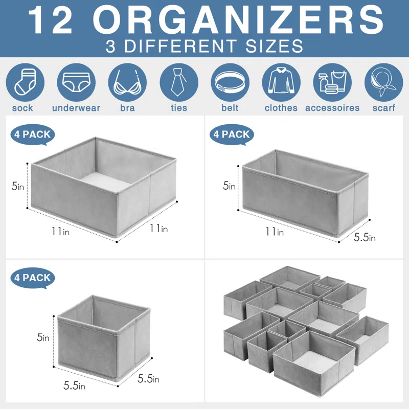 Corrigan Studio® Drawer Organizer For Clothing, 12 Pack Sock Underwear Drawer Organizer Bins, Foldable Fabric Closet Organizers And Storage, Dresser Drawer Dividers For Baby Clothes, Bra, Scarves, Belt, Tie