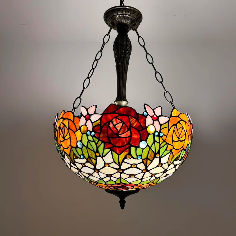 ENJOY DECOR LAMPS Tiffany Chandeliers Pendant Lamps Red Orange Stained Glass Rose Flowers LED Bulbs 16"W*16"D*60"H