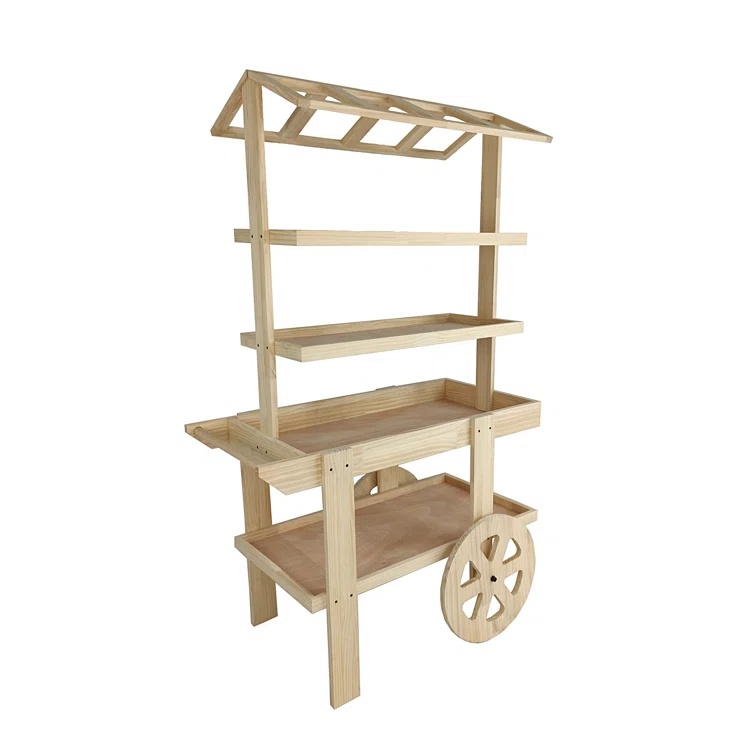 FixtureDisplays Flower Cart Vending Cart Farmers Market County Fair Wagon Wood Stall Stand Rolling Shelf Retail