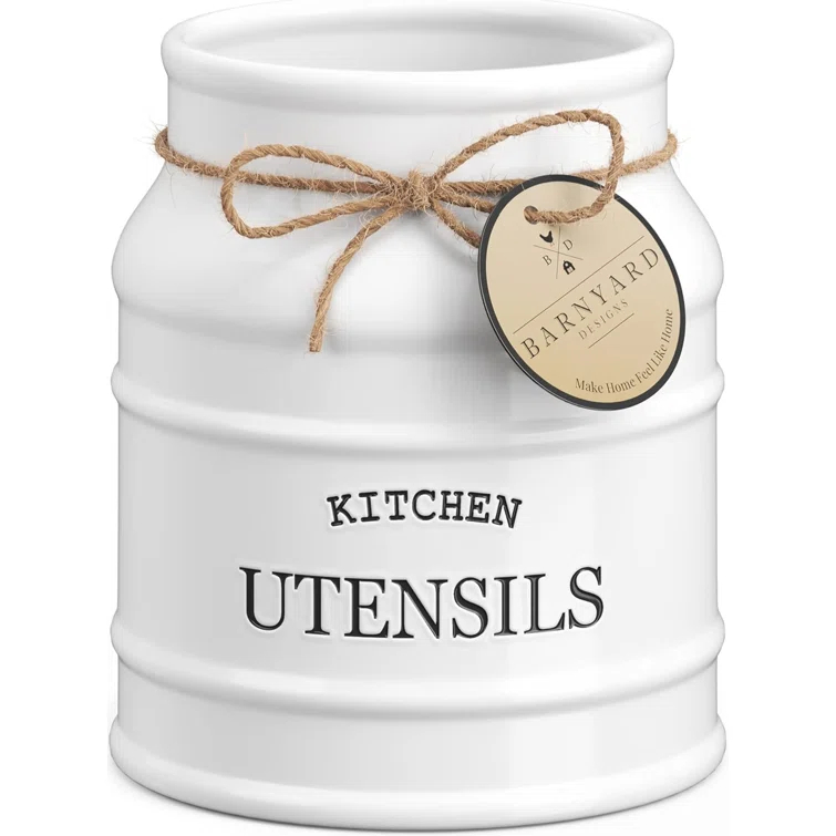Anadea Ceramic Farmhouse Utensil Holder for Kitchen Counter, Large Rustic Utensil Crock