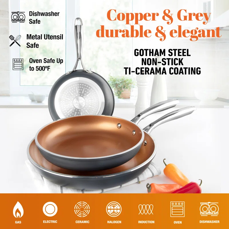 Gotham Steel Gotham Steel Copper 3 Piece Nonstick Fry Pan Set - 8'',10'', And 12''
