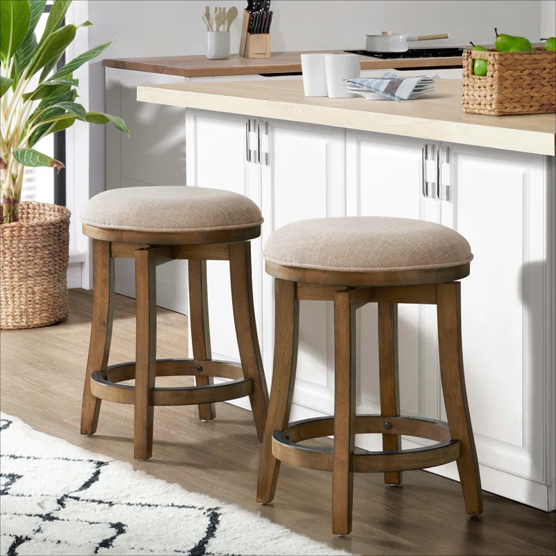 Alaterre Ellie Upholstered Swivel Bar Stool Chairs with Padded Seat and Back, Rubberwood Frame with Metal Kick Plate