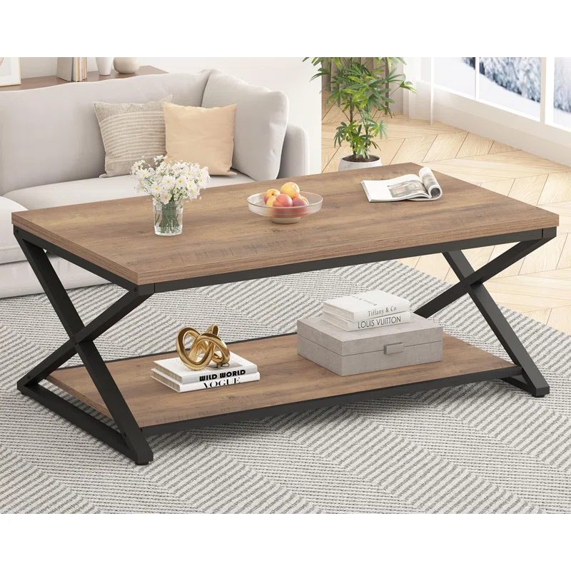 47 Inch Table with Storage Shelf, 2 Tier Rectangle Center Table Minimalist Home Tea Coffee Table